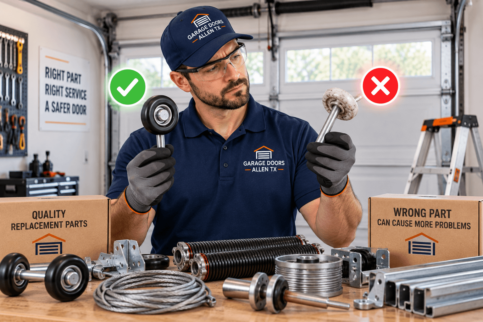 Technician comparing garage door replacement parts to select the correct component in Allen TX