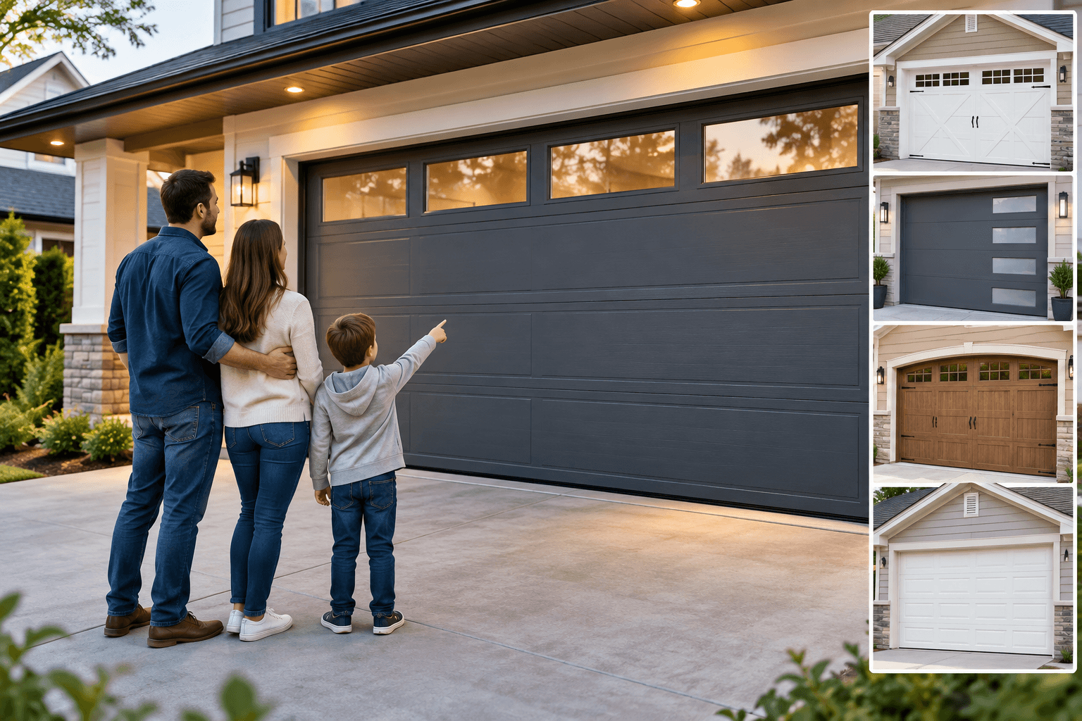 Family choosing a residential garage door style for their home in Allen TX