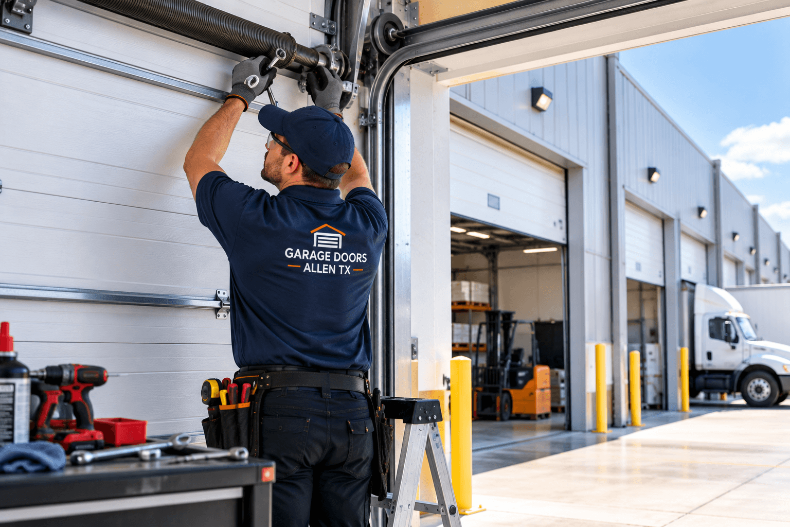 Technician performing maintenance on a frequently used commercial garage door in Allen TX