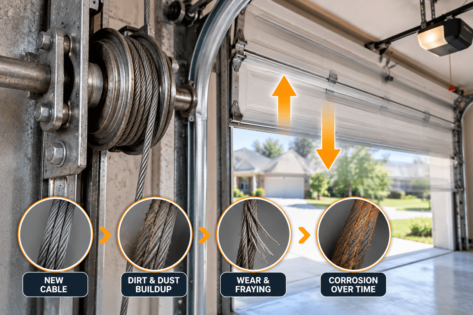 Garage door cable showing wear and deterioration caused by repeated daily door movement in Allen TX
