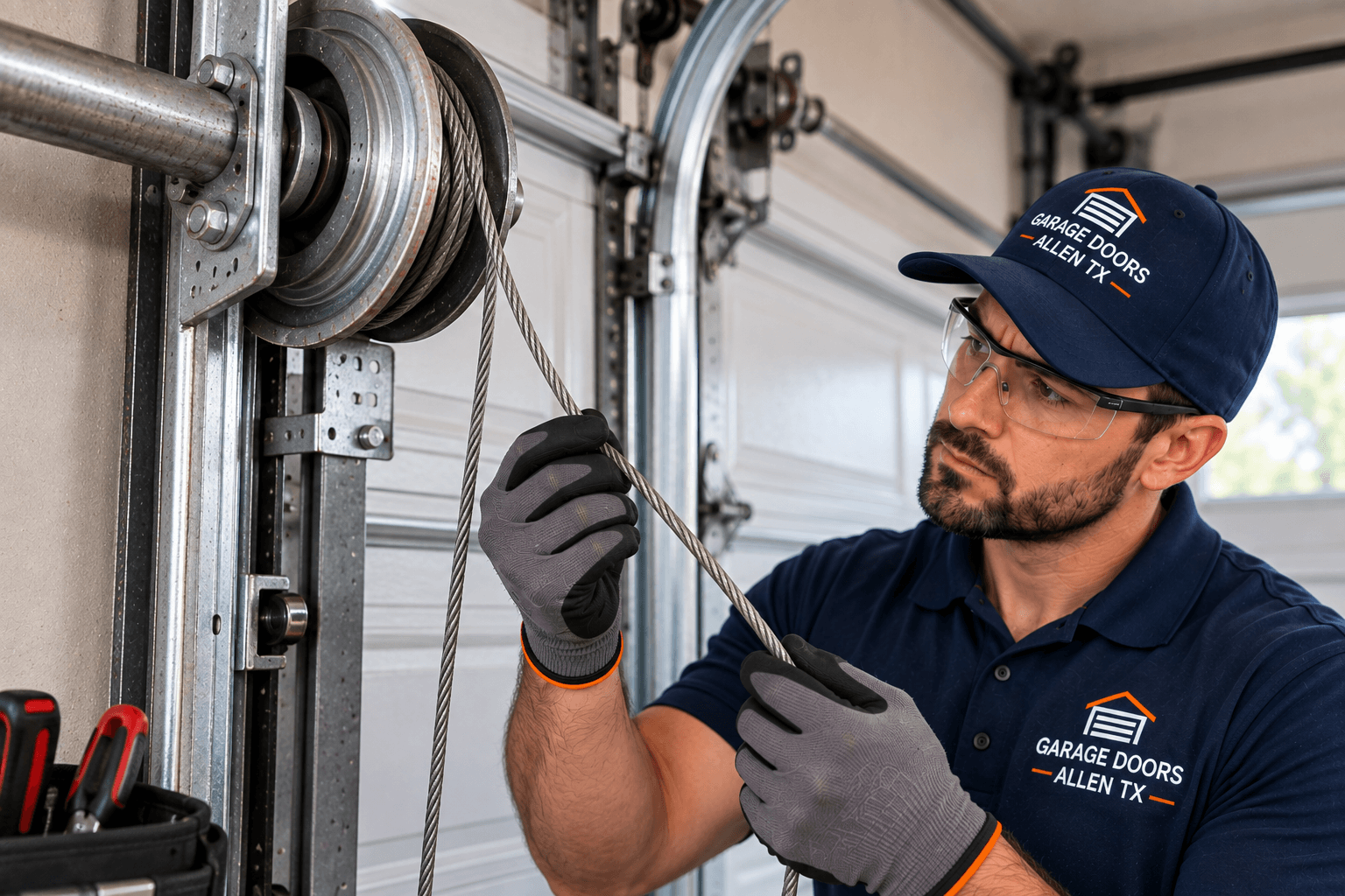 Technician inspecting a displaced garage door cable and drum system in Allen TX