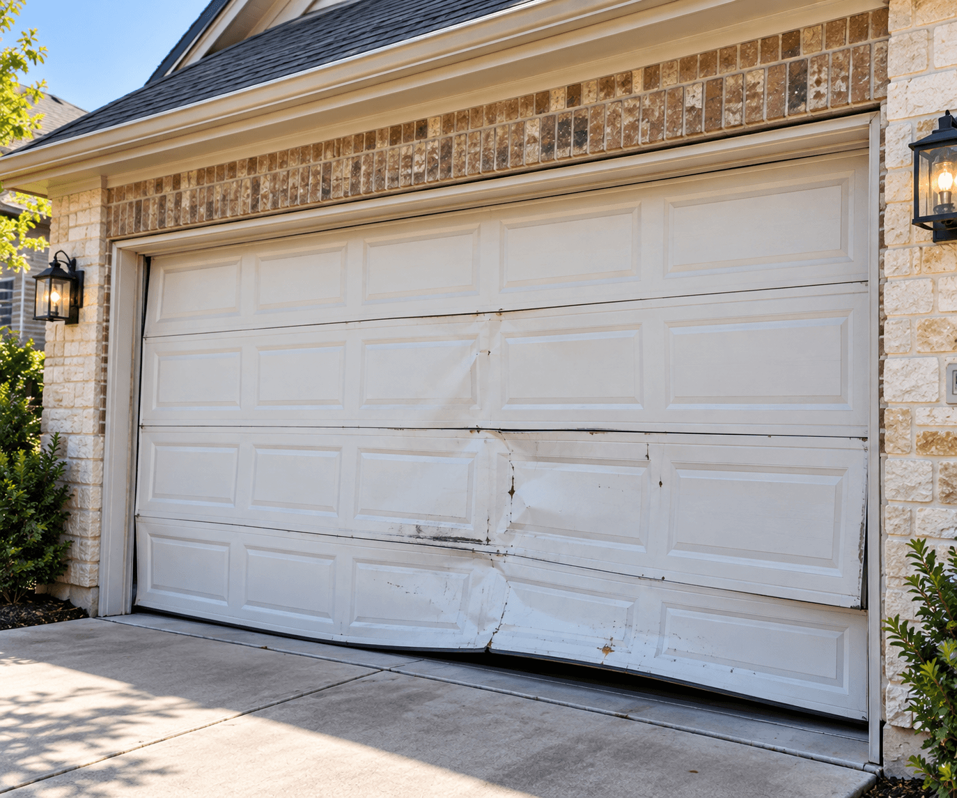 Damaged garage door before repair in Allen Texas
