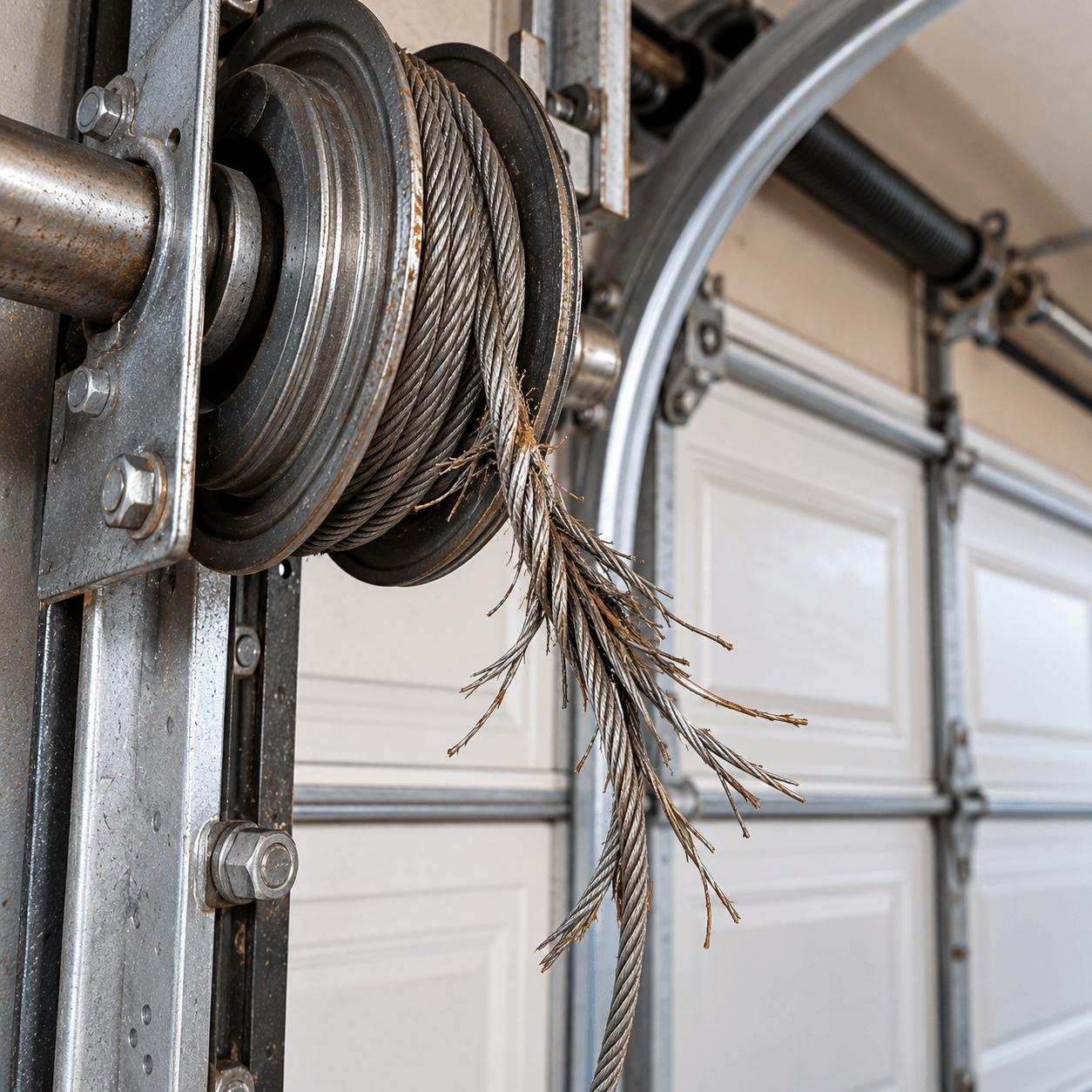 Damaged and frayed garage door cable before repair in Allen TX