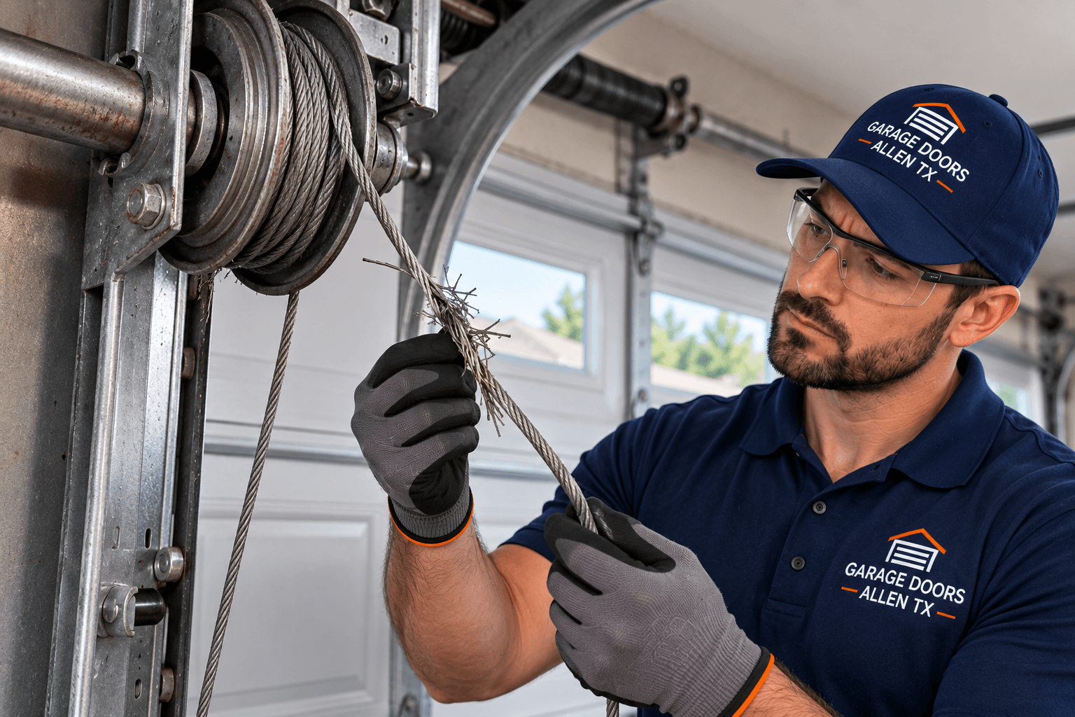 Technician inspecting a frayed garage door cable and drum system in Allen TX