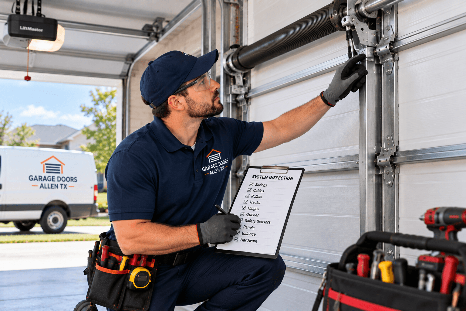 Technician performing a careful garage door system evaluation in Allen TX