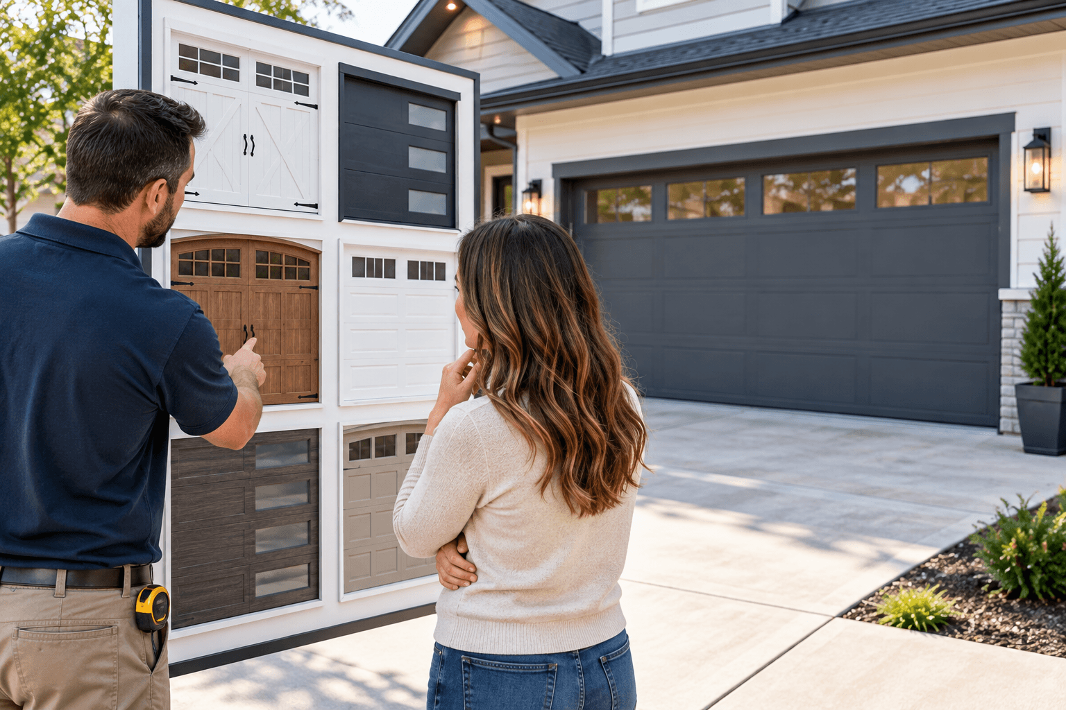 Homeowner comparing garage door styles that fit a residential property in Allen TX