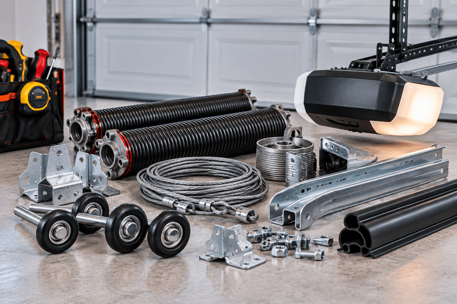 Garage door replacement components including springs, cables, rollers, tracks and opener parts in Allen TX