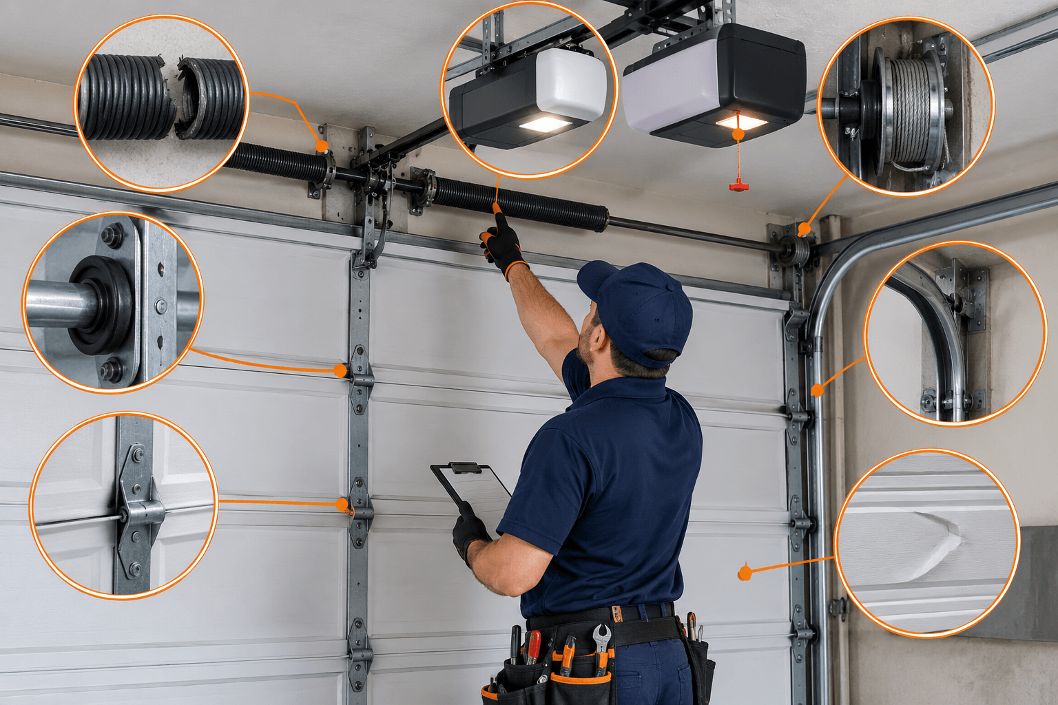 Technician inspecting multiple garage door components during an emergency service in Allen TX
