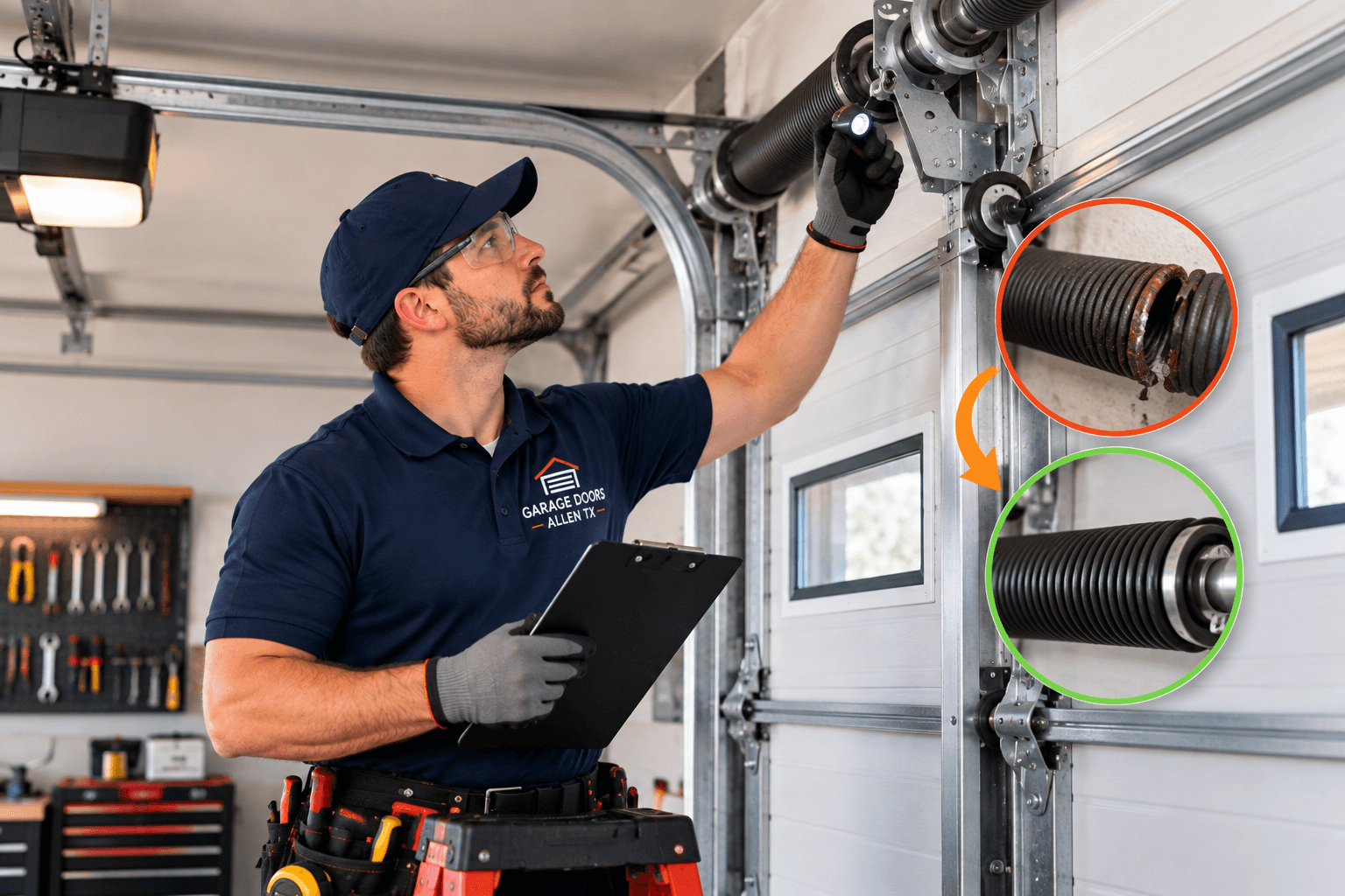 Technician inspecting garage door components during preventative maintenance in Allen TX