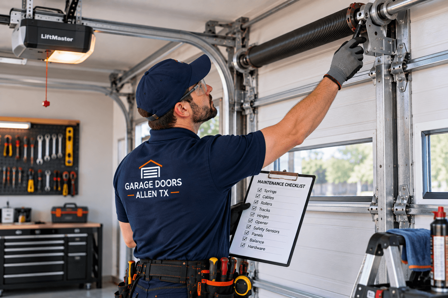 Technician checking garage door springs, hardware and operating components during maintenance in Allen TX