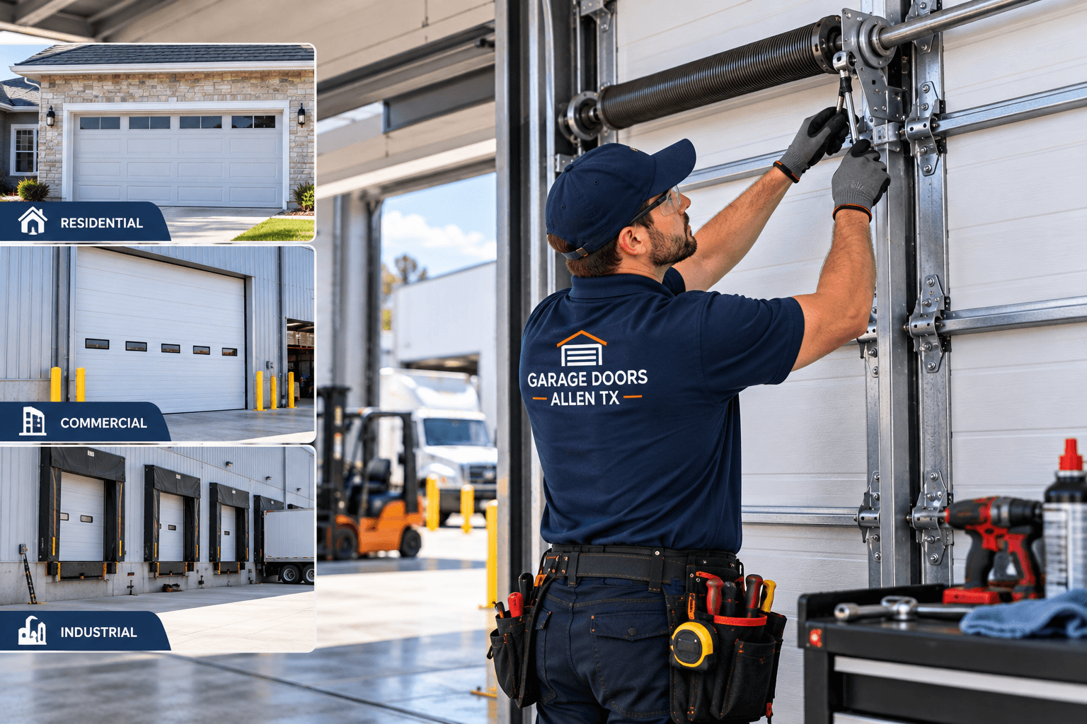 Technician performing garage door maintenance based on residential and commercial door usage in Allen TX