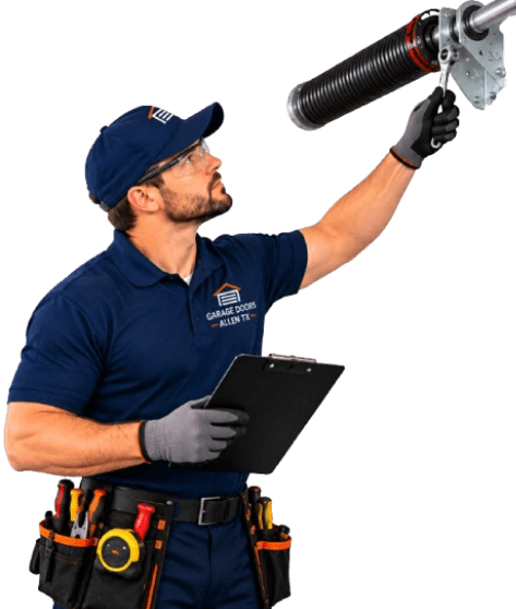 Garage door maintenance technician inspecting a garage door system in Allen TX