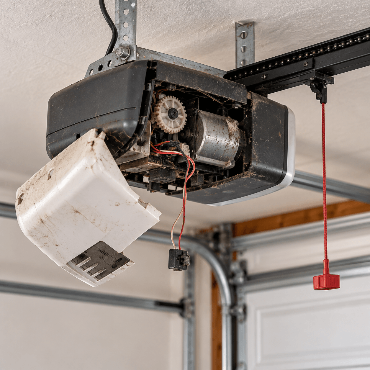 Damaged garage door opener before repair in Allen TX