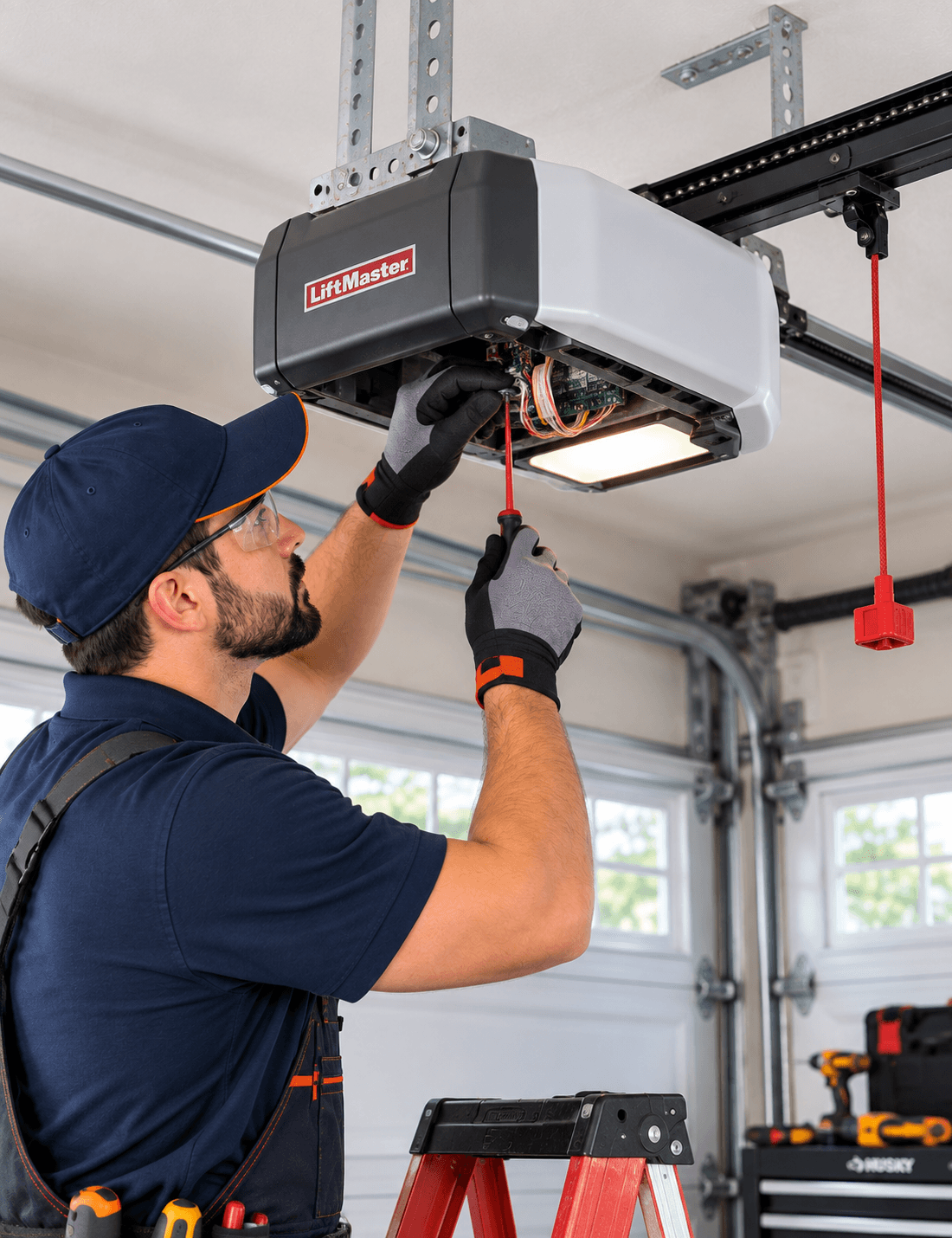 Technician inspecting a garage door opener to diagnose operating problems in Allen TX