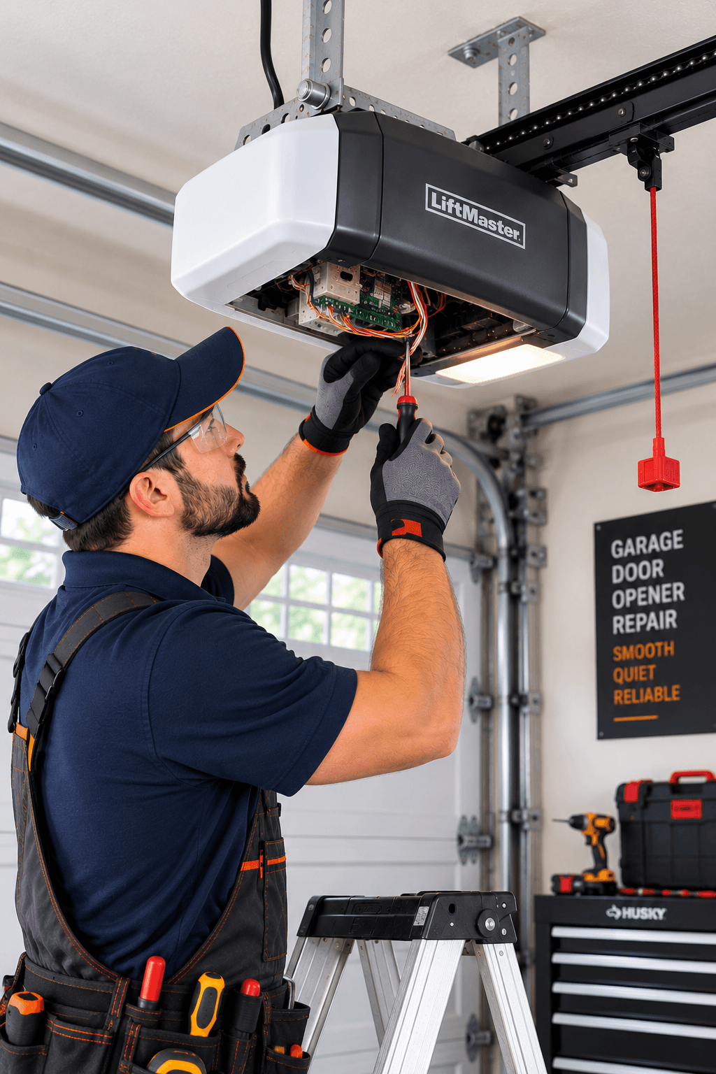 Garage door opener repair technician servicing an opener system in Allen TX