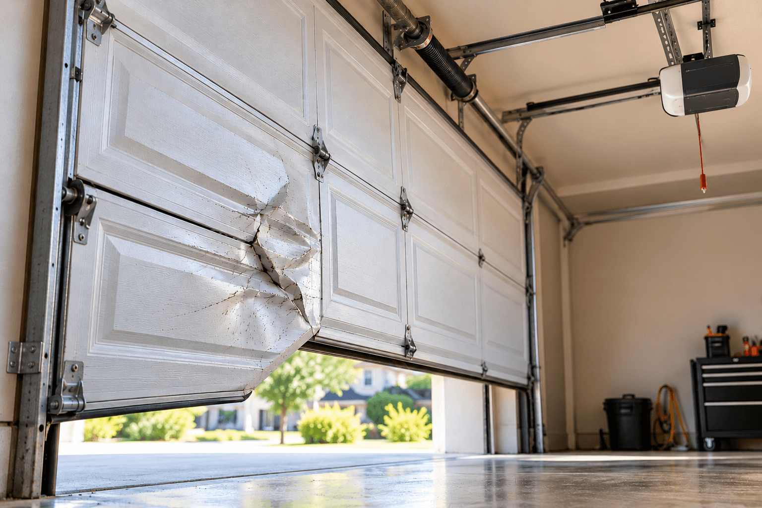 Damaged garage door panel affecting rollers, hinges and smooth door movement in Allen TX