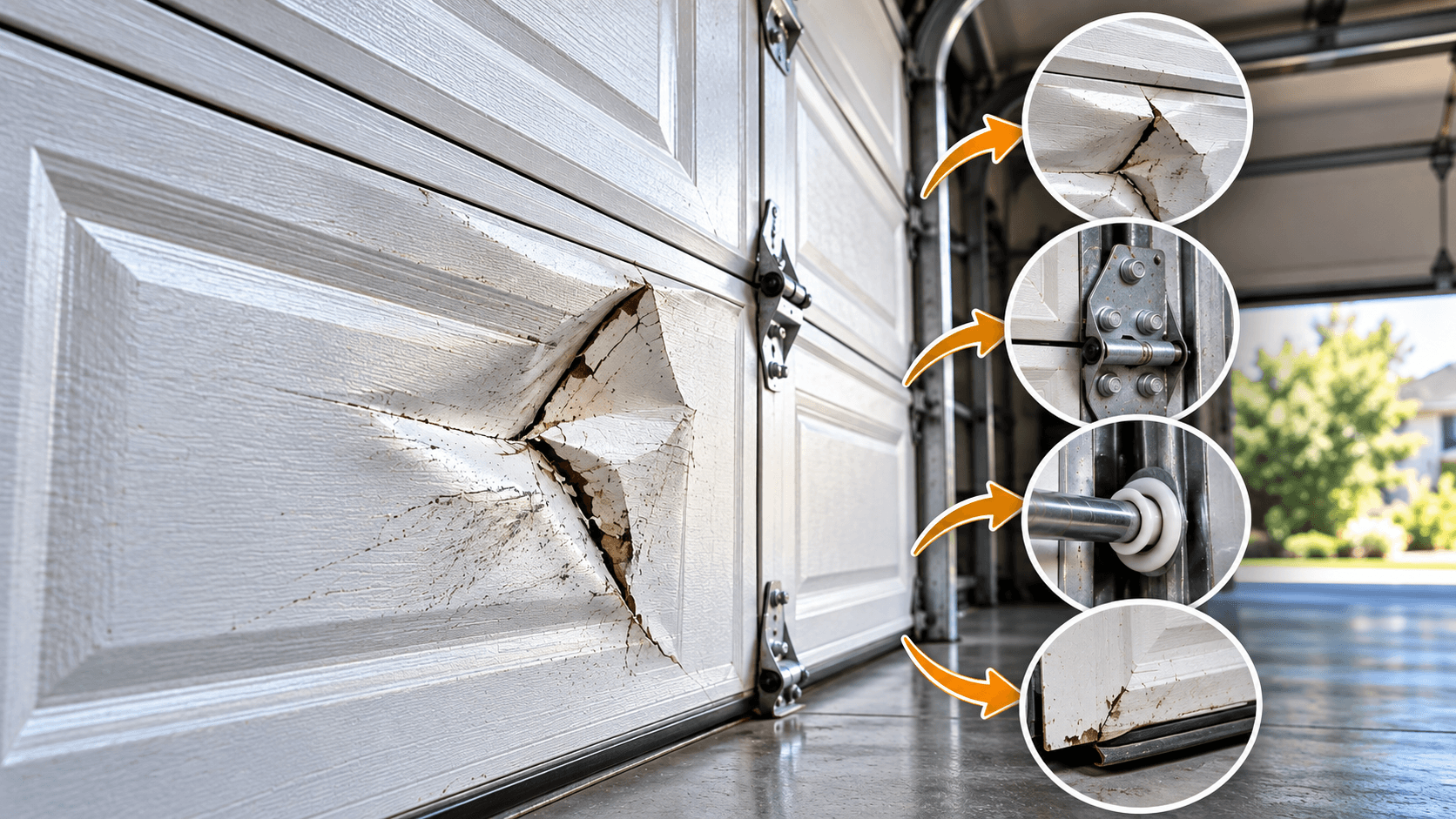 Damaged garage door panel showing cracks and stress affecting nearby hardware in Allen TX