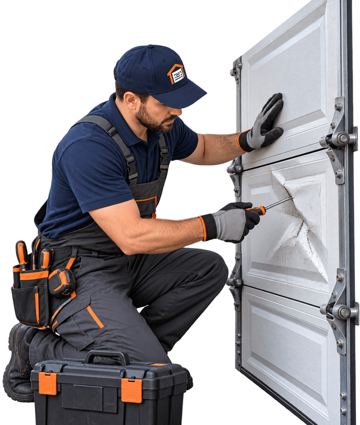 Garage door panel repair technician inspecting and repairing a damaged panel in Allen TX