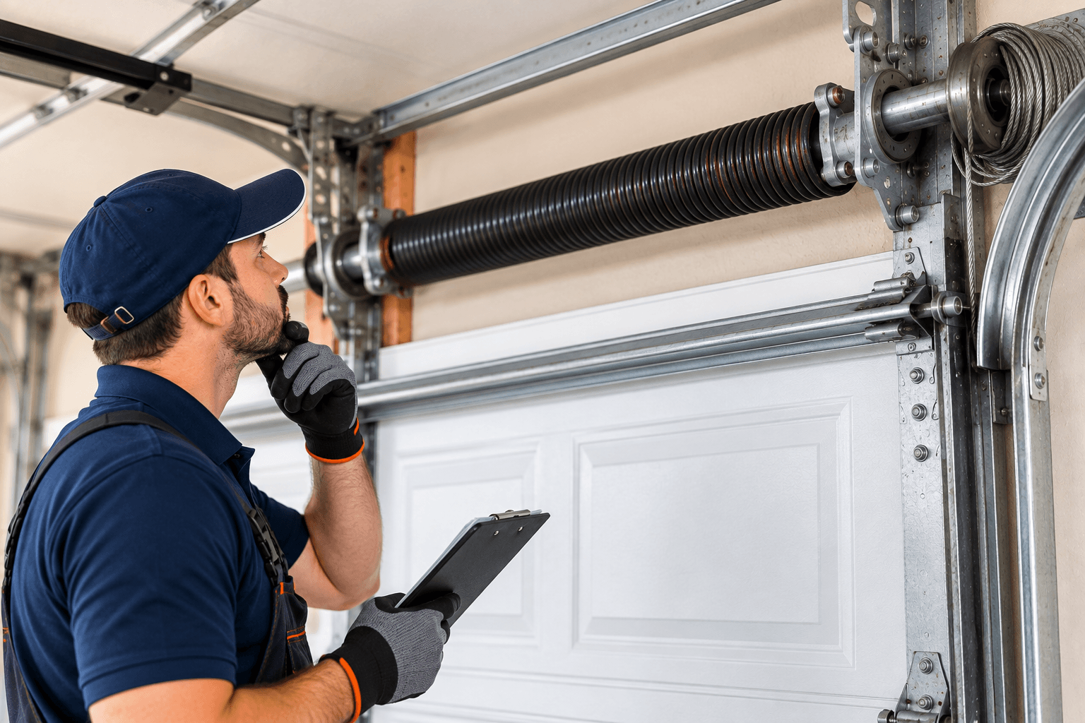 Technician inspecting garage door components to identify the cause of a door problem in Allen TX
