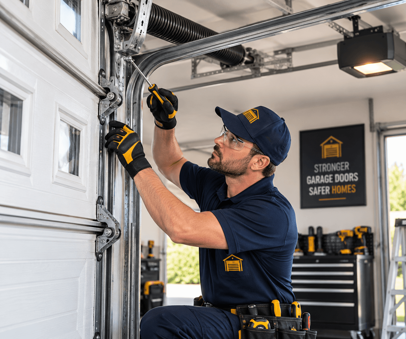 Technician inspecting garage door components in Allen Texas