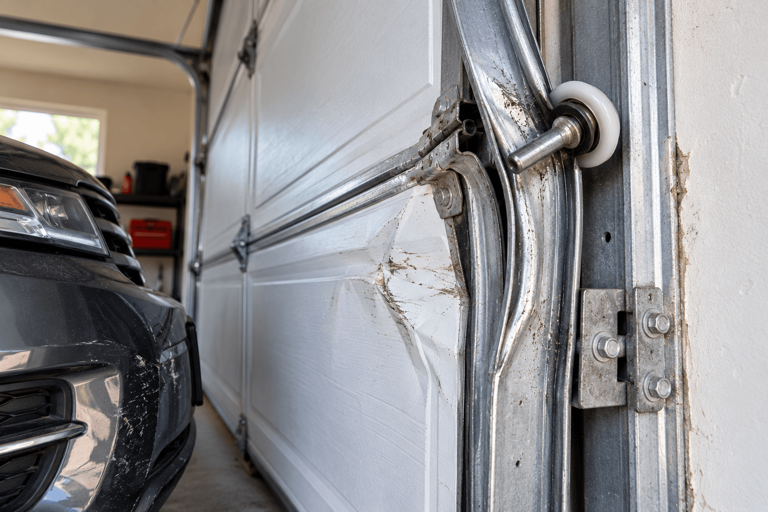 Garage door roller displaced from its normal track after impact damage in Allen TX