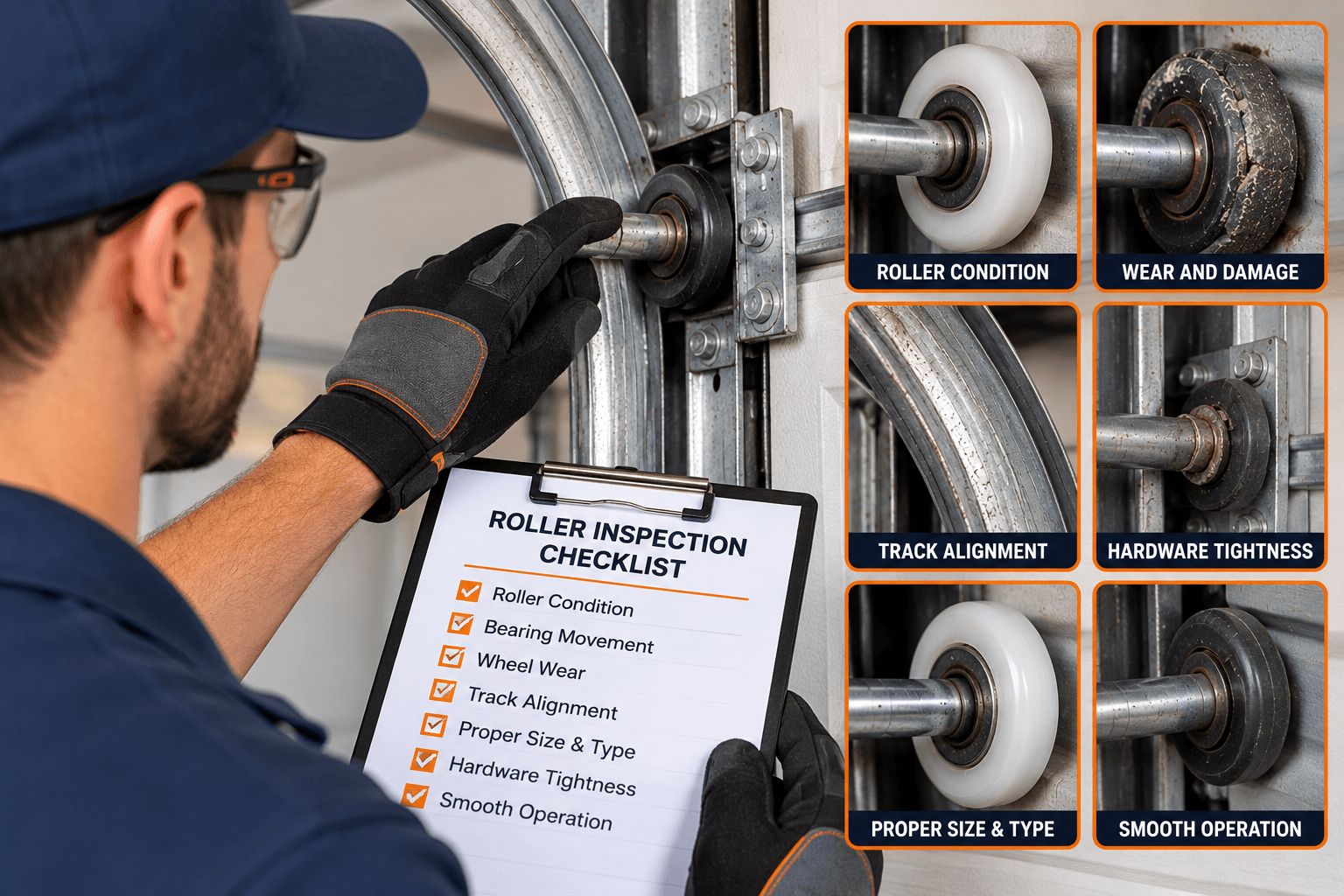 Technician inspecting garage door rollers, tracks and hardware before roller replacement in Allen TX