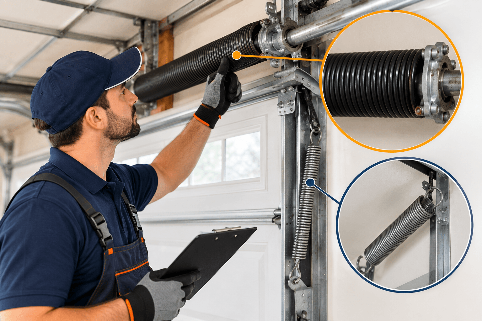 Technician identifying torsion and extension garage door springs in Allen TX