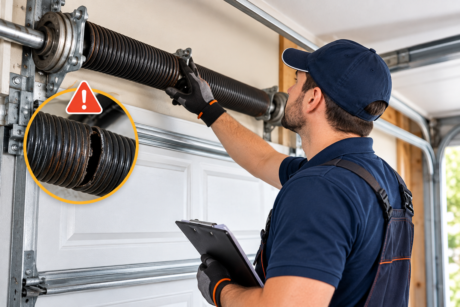Technician inspecting a damaged garage door spring for signs of wear in Allen TX