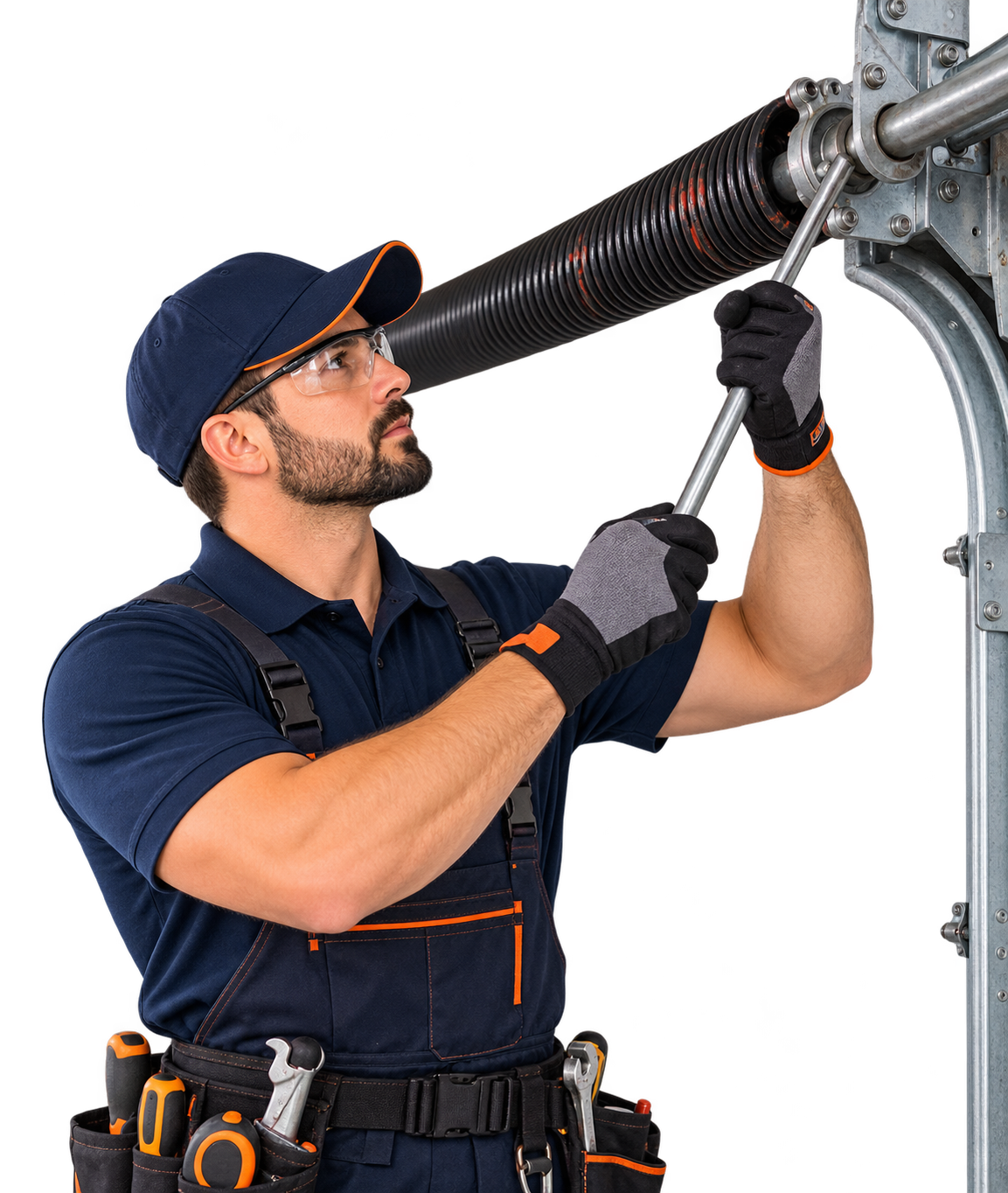 Garage door spring repair technician servicing a spring system in Allen TX