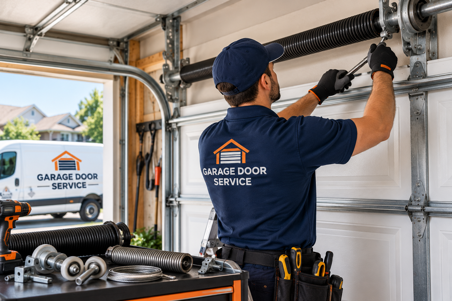 Technician performing garage door spring service in Allen TX