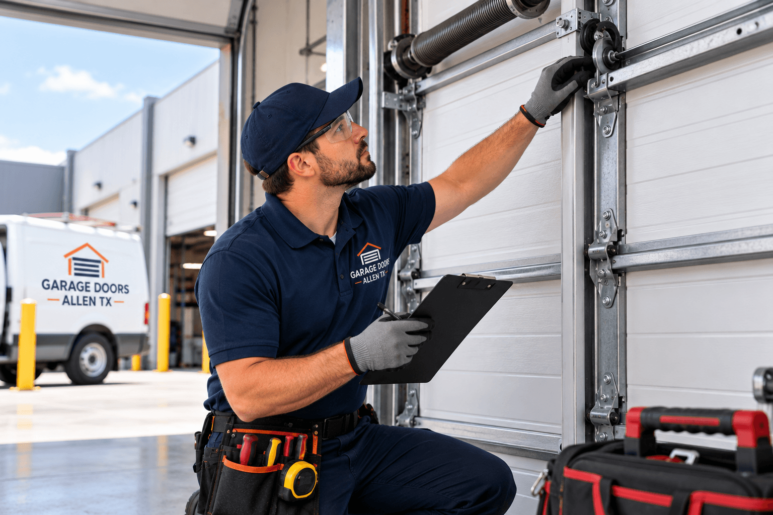 Technician carefully evaluating a commercial garage door system in Allen TX