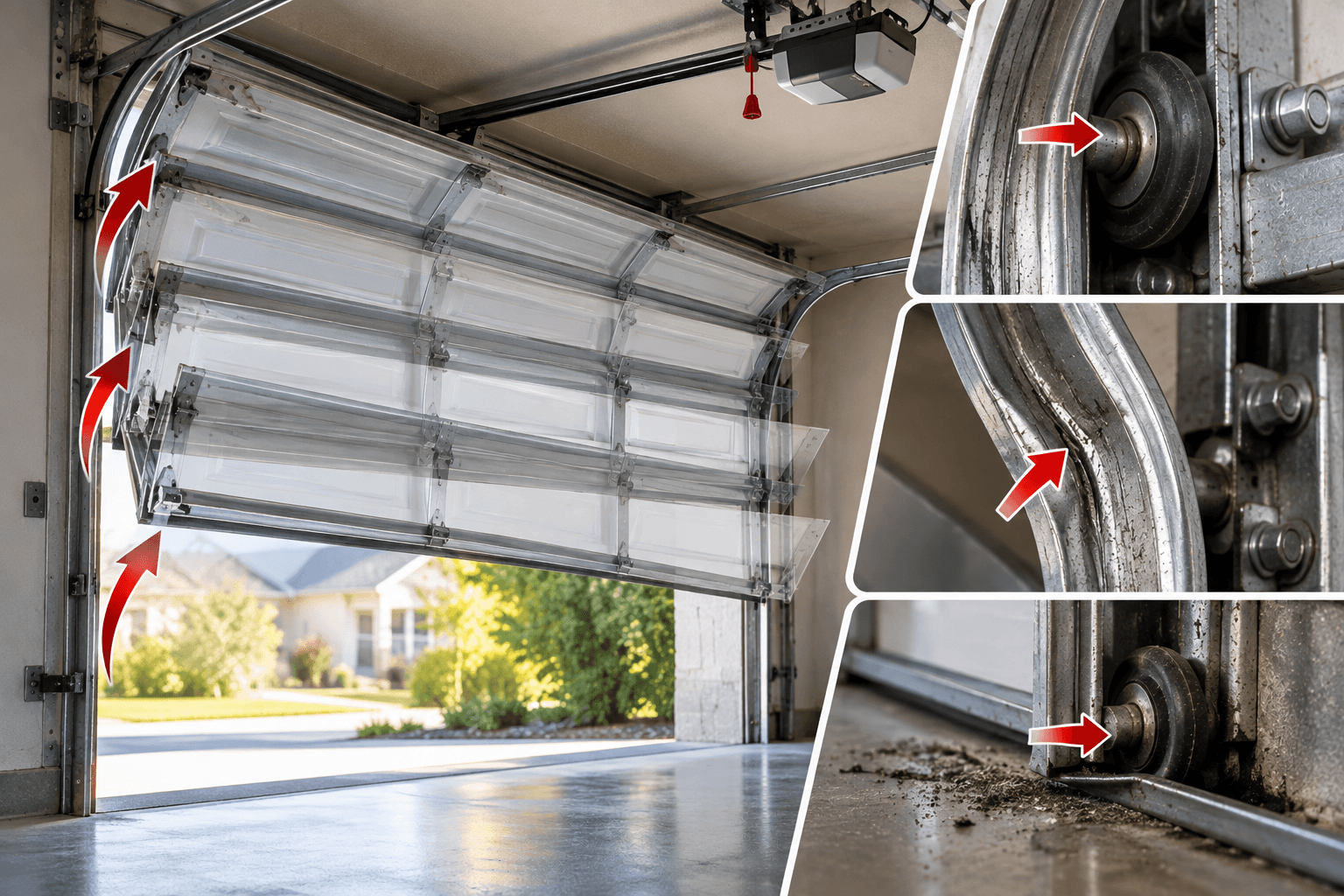 Garage door moving unevenly due to worn rollers and damaged tracks in Allen TX