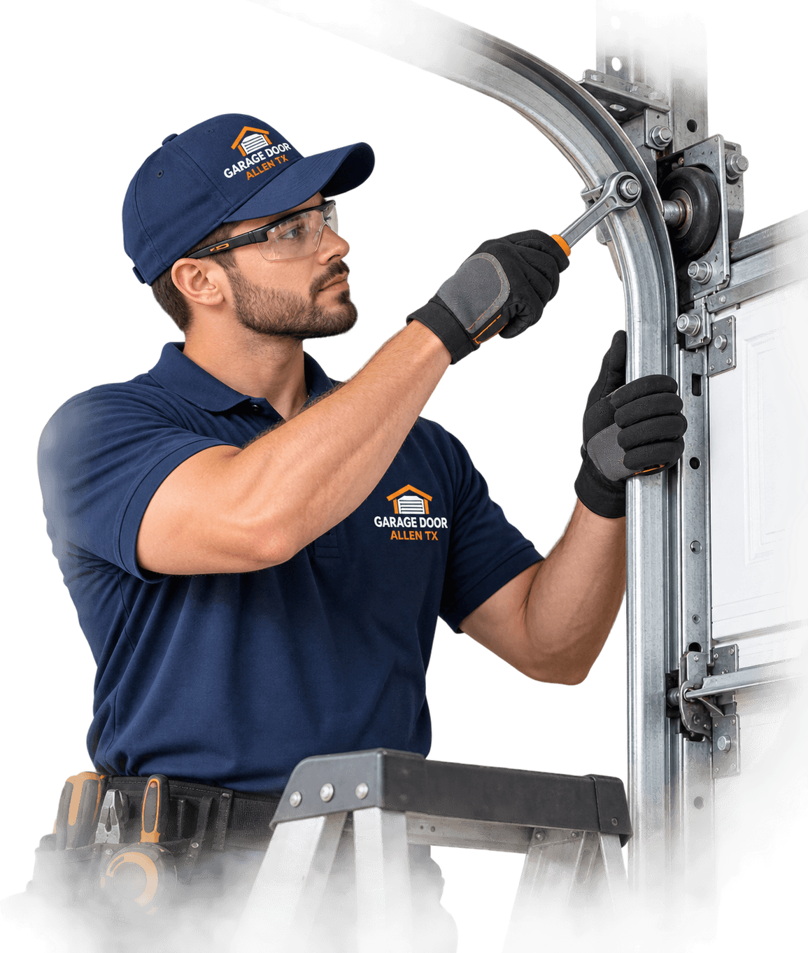 Garage door track repair technician inspecting and servicing a track system in Allen TX