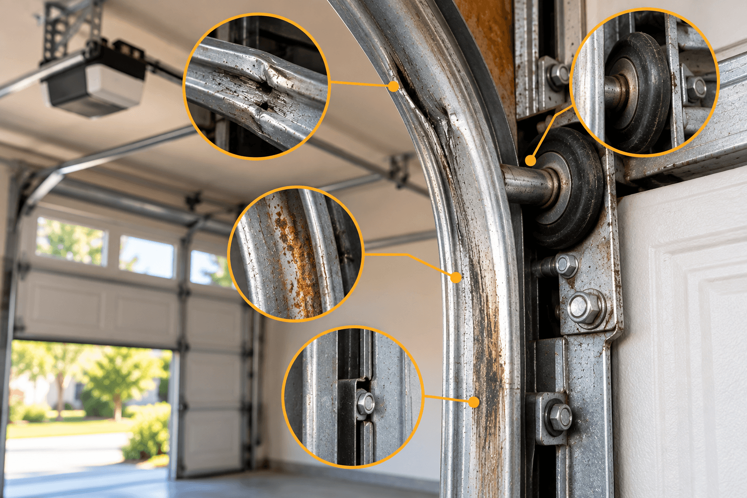 Worn garage door track showing bends, corrosion, roller wear and loose hardware in Allen TX
