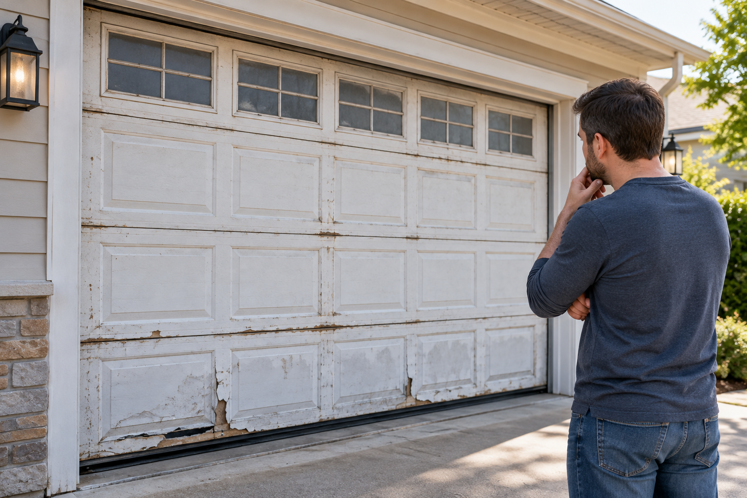 Homeowner inspecting an older residential garage door showing wear and deterioration in Allen TX
