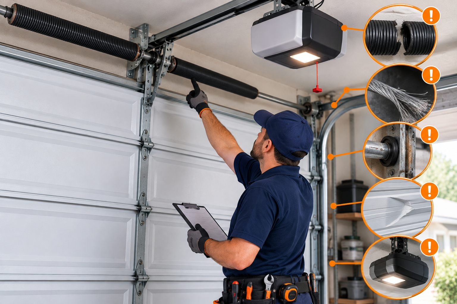 Technician inspecting warning signs of a garage door emergency in Allen TX