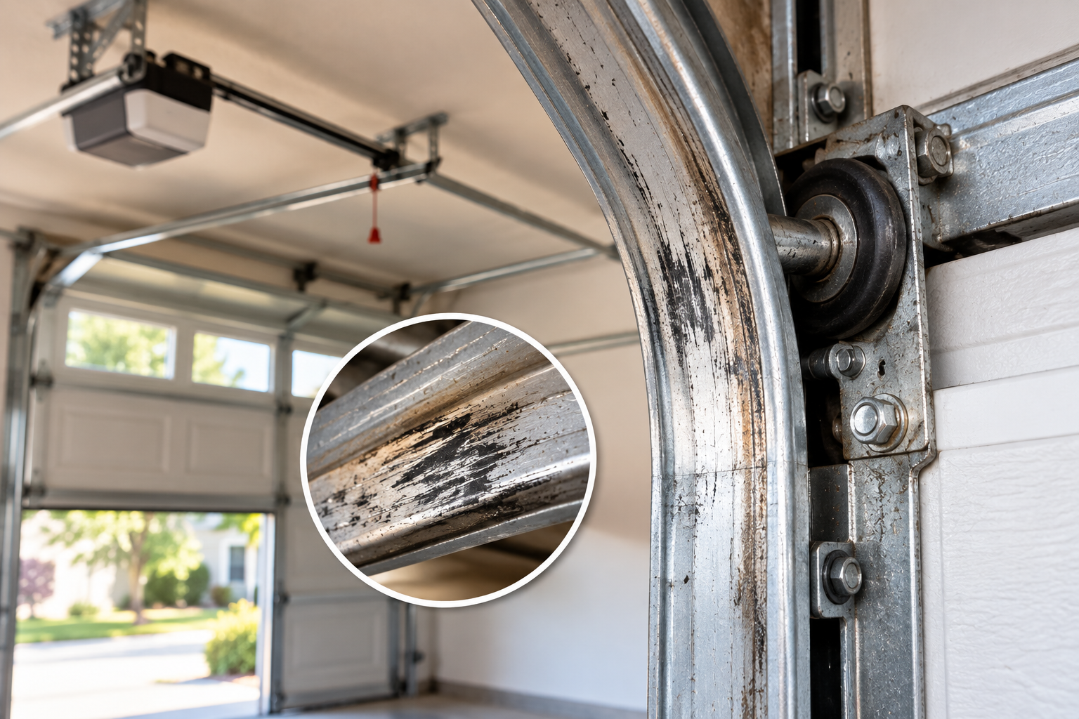Worn garage door track and roller showing signs of repeated daily use in Allen TX