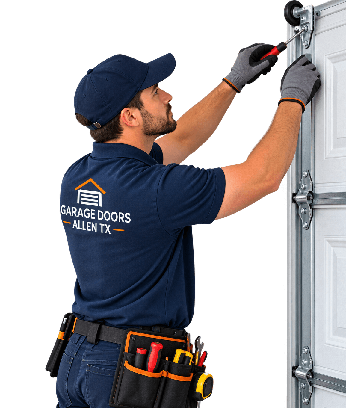 Residential garage door technician servicing a home garage door in Allen TX