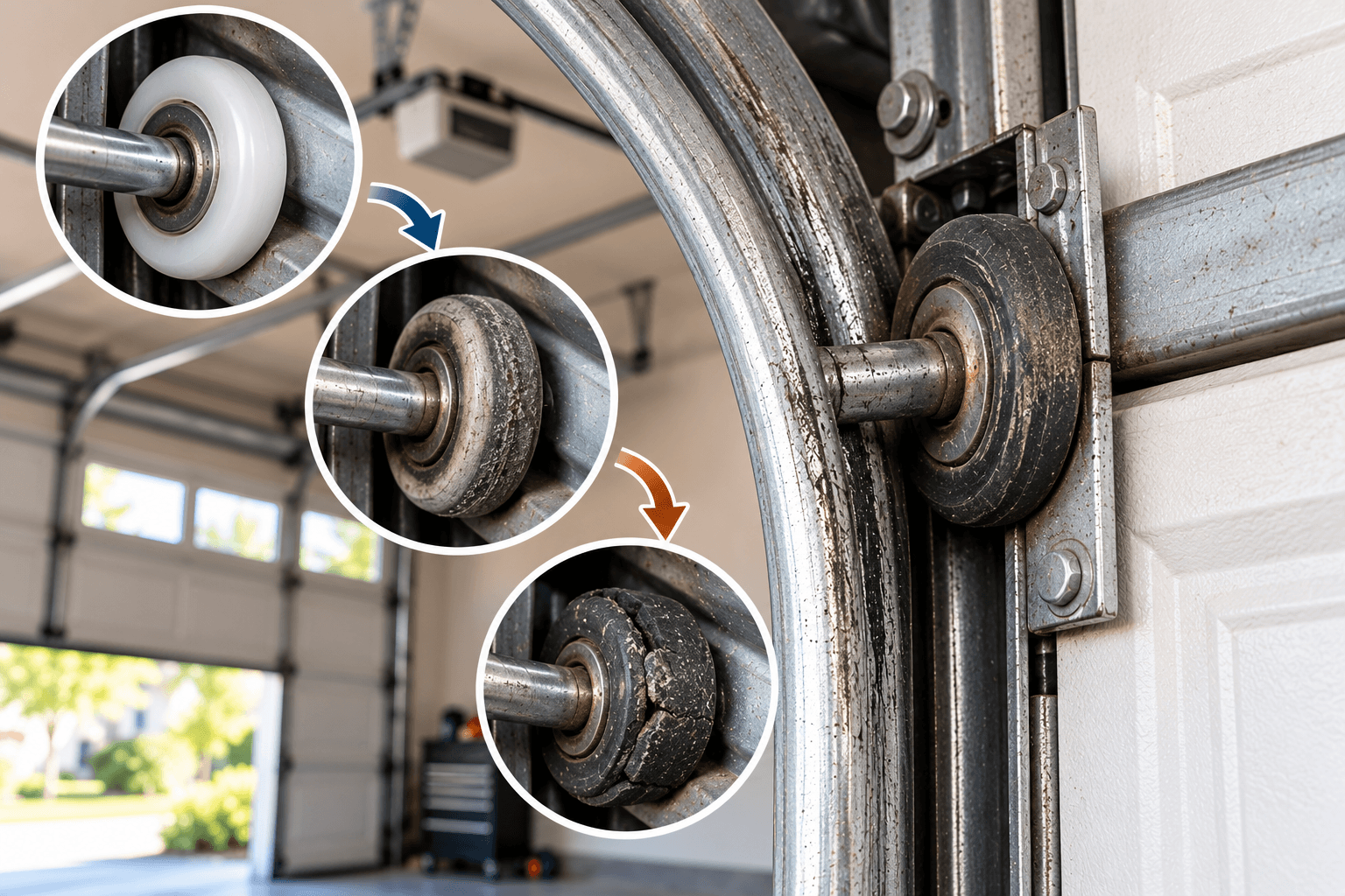 Worn and damaged garage door rollers showing progressive wear in Allen TX